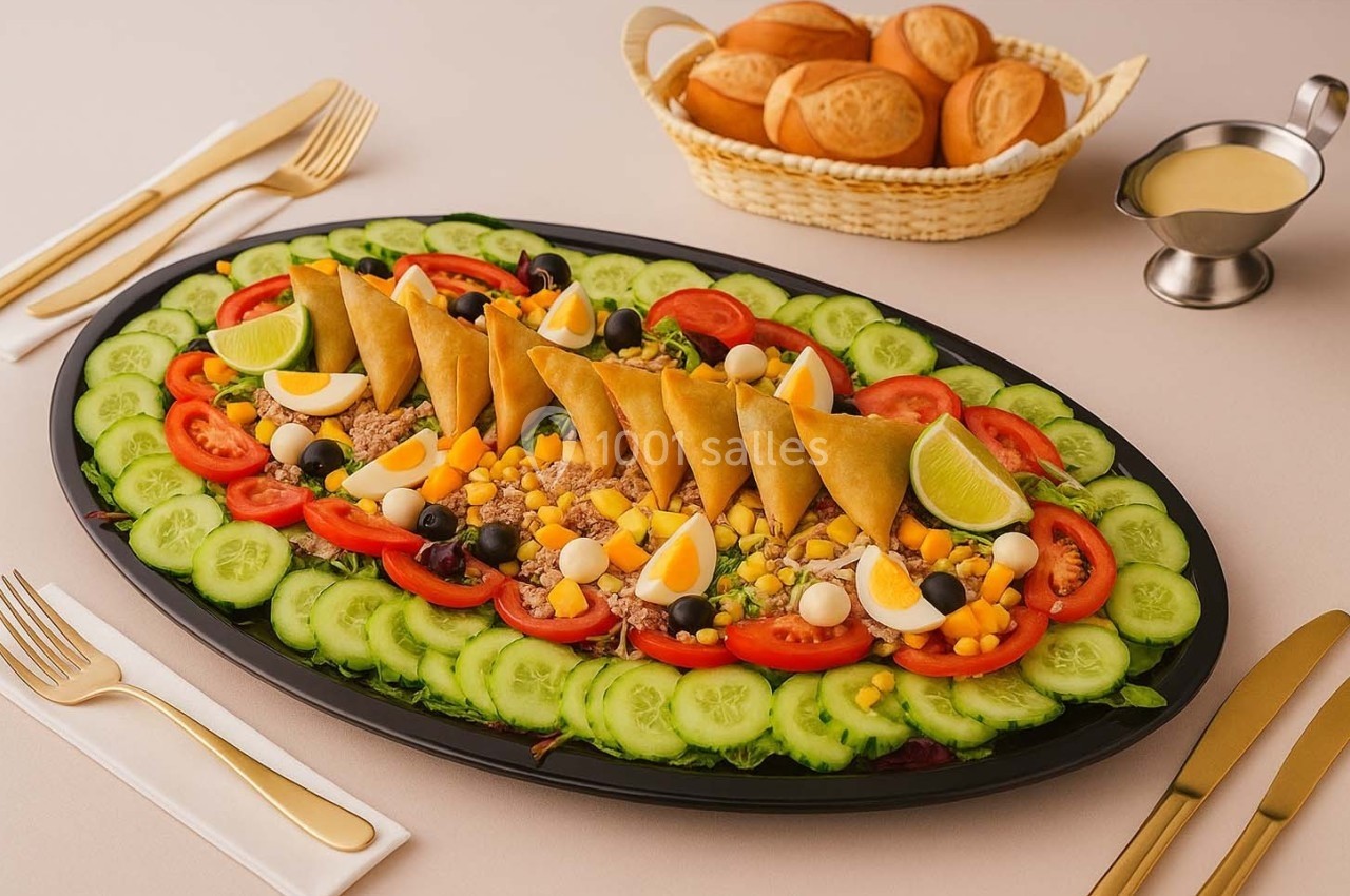 Plateau de crudités décoré avec samoussas, œufs, maïs, olives et citron, accompagné de pain et sauce en arrière-plan.