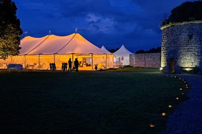 Miniature Location salle Milizac (Finistère) - Domaine de Keranflec'h #29 Structure en bois avec un toit tendu, installée dans un espace extérieur verdoyant et ensoleillé.