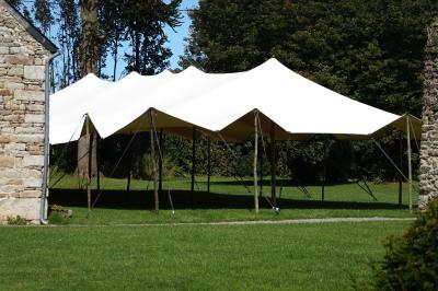 Miniature Location salle Milizac (Finistère) - Domaine de Keranflec'h #57 Structure en bois avec un toit tendu, installée dans un espace extérieur verdoyant et ensoleillé.