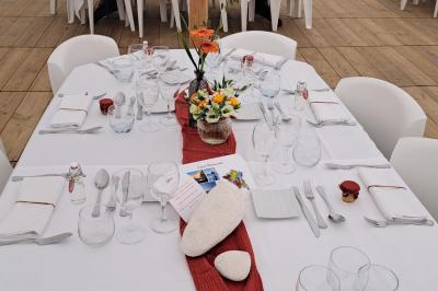 Miniature Location salle Milizac (Finistère) - Domaine de Keranflec'h #64 Structure en bois avec un toit tendu, installée dans un espace extérieur verdoyant et ensoleillé.