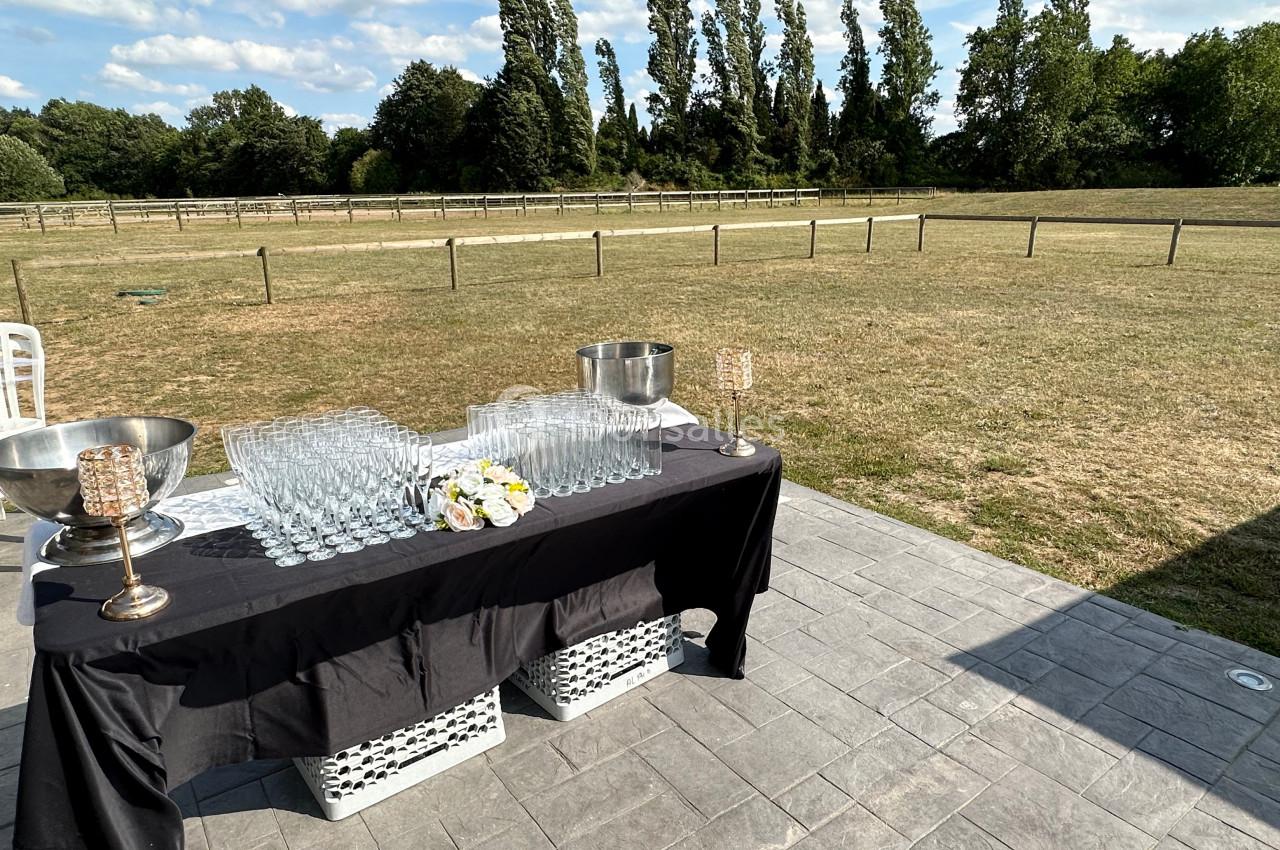 Table dressée avec des verres à pied et des seaux à champagne sur une terrasse, donnant sur un grand espace vert.