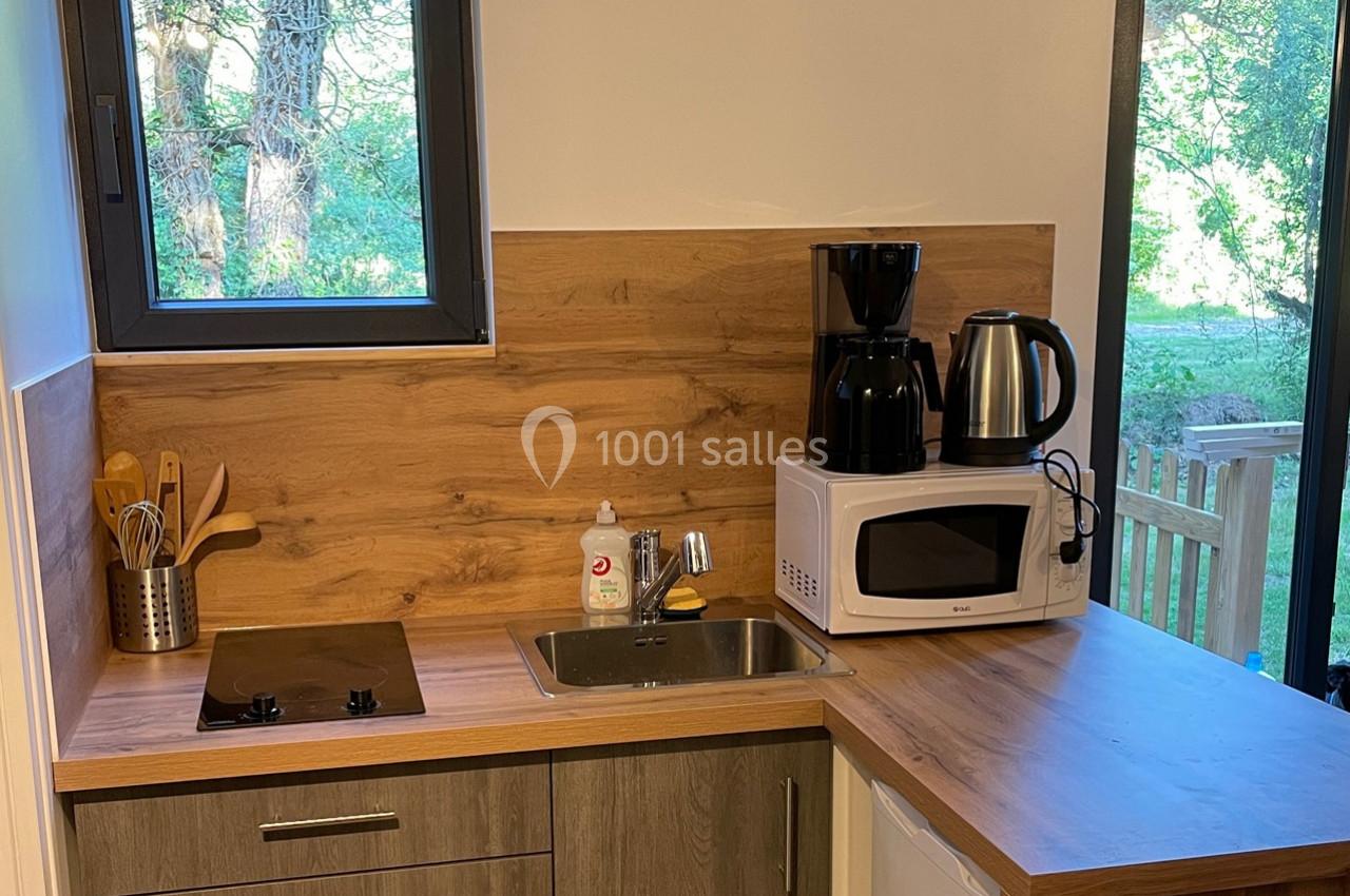 Cuisine compacte avec évier, plaque de cuisson, micro-ondes, cafetière et bouilloire, vue sur un jardin par la fenêtre.