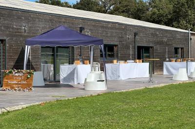 Lit double avec draps gris et oreillers roses, encadré par deux appliques murales sur un mur en bois clair.