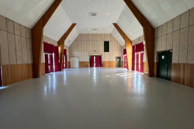 Cuisine professionnelle avec plan de travail en inox, plaques de cuisson, évier et hotte d'extraction.