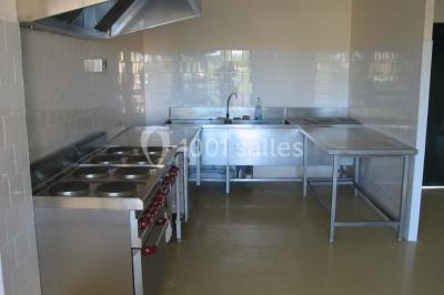 Cuisine professionnelle avec plan de travail en inox, plaques de cuisson, évier et hotte d'extraction.