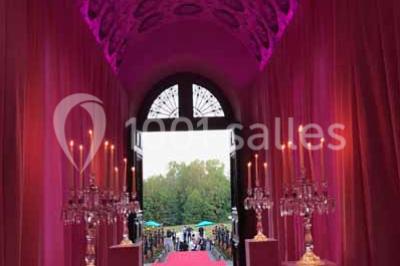 Feu d'artifice illuminant le ciel nocturne au-dessus d'un parc avec des spectateurs rassemblés sur une pelouse.