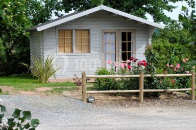 Cabane en bois avec fenêtres et porte vitrées, entourée de fleurs et d'arbustes, située près d'un chemin en gravier.