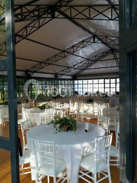 Salle lumineuse avec des tables rondes décorées de centres de table végétaux et des chaises blanches disposées autour.