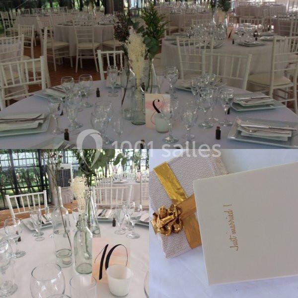 Tables élégamment dressées avec nappes blanches, chaises assorties, décorations florales et cartes numérotées pour un…