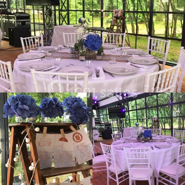 Table décorée pour un événement, avec nappes blanches, chaises assorties, fleurs bleues et vue sur un espace verdoyant.