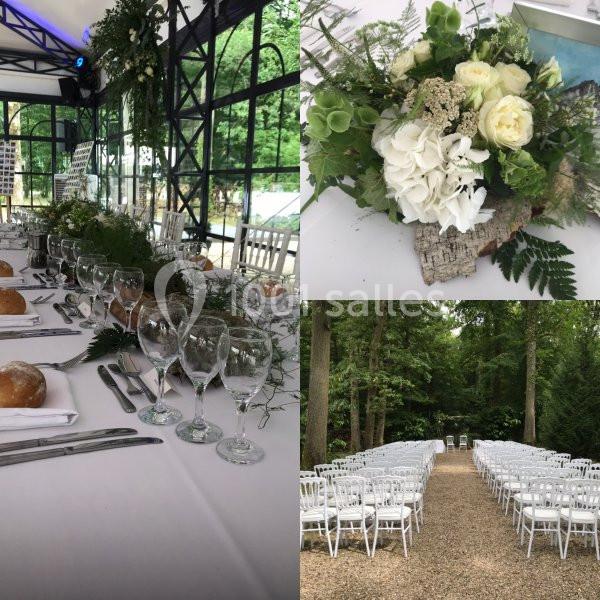 1. Table de réception élégamment dressée avec vaisselle, verres et décoration florale. 2. Bouquet de fleurs blanches et…