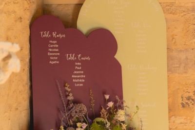 Bouteille de vin rosé posée sur une table décorée de fleurs, entourée de verres et d'assiettes.