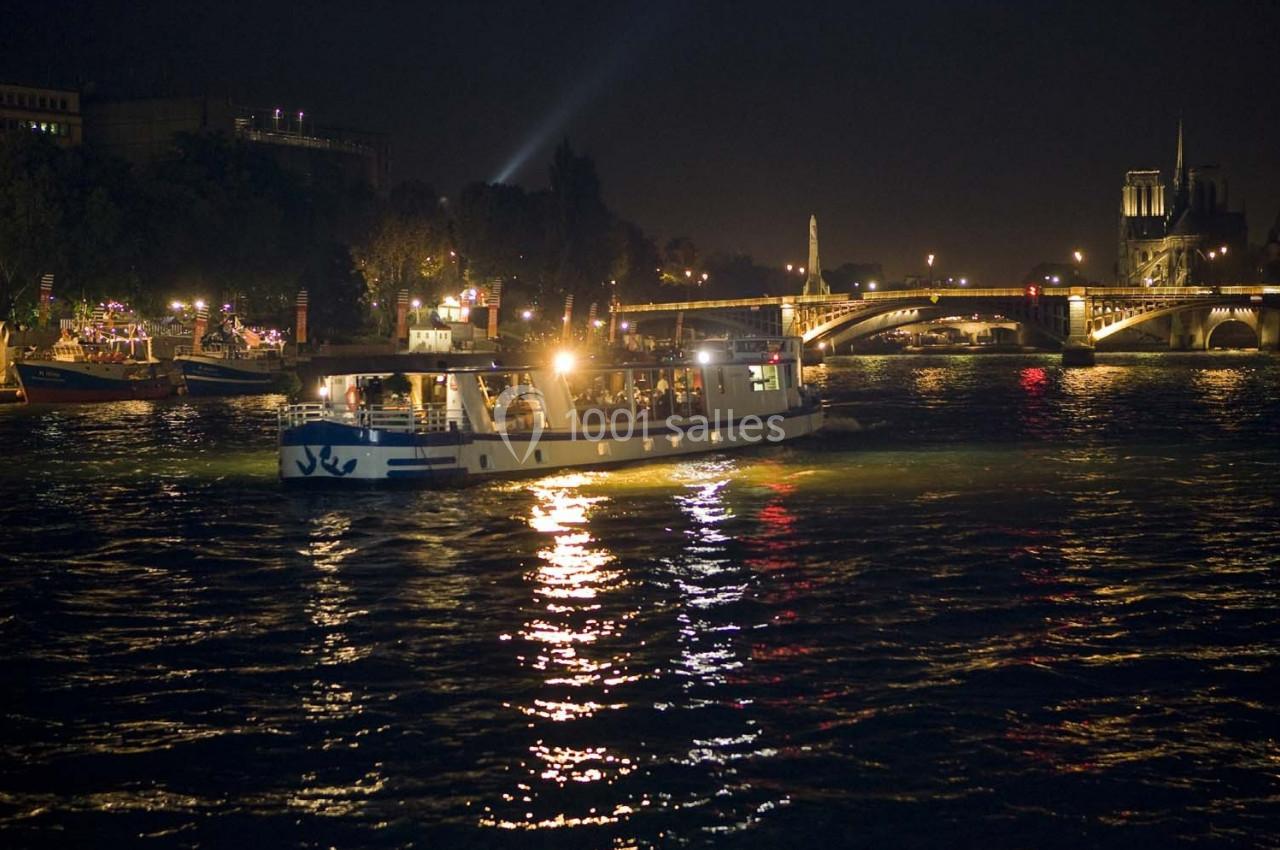 Bateau illuminé naviguant sur la Seine de nuit, avec un pont et des bâtiments éclairés en arrière-plan.