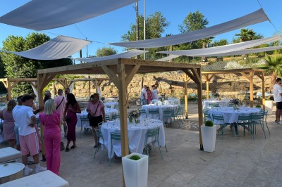 Dessert glacé garni de fraises fraîches, de morceaux de noix et de caramel, présenté sur une assiette blanche.