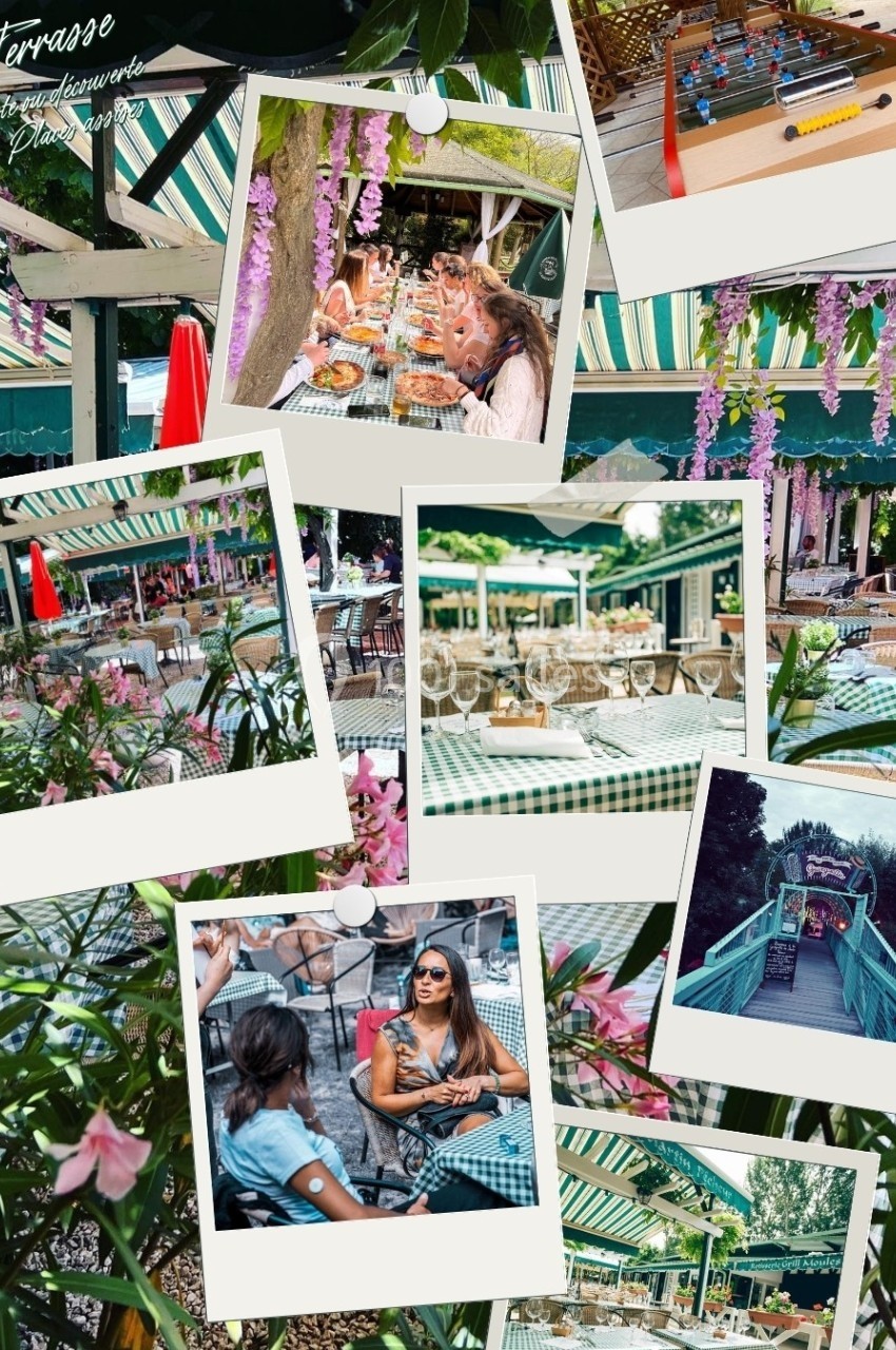Montage de photos montrant une terrasse fleurie, des tables dressées, un baby-foot et des personnes profitant du lieu.