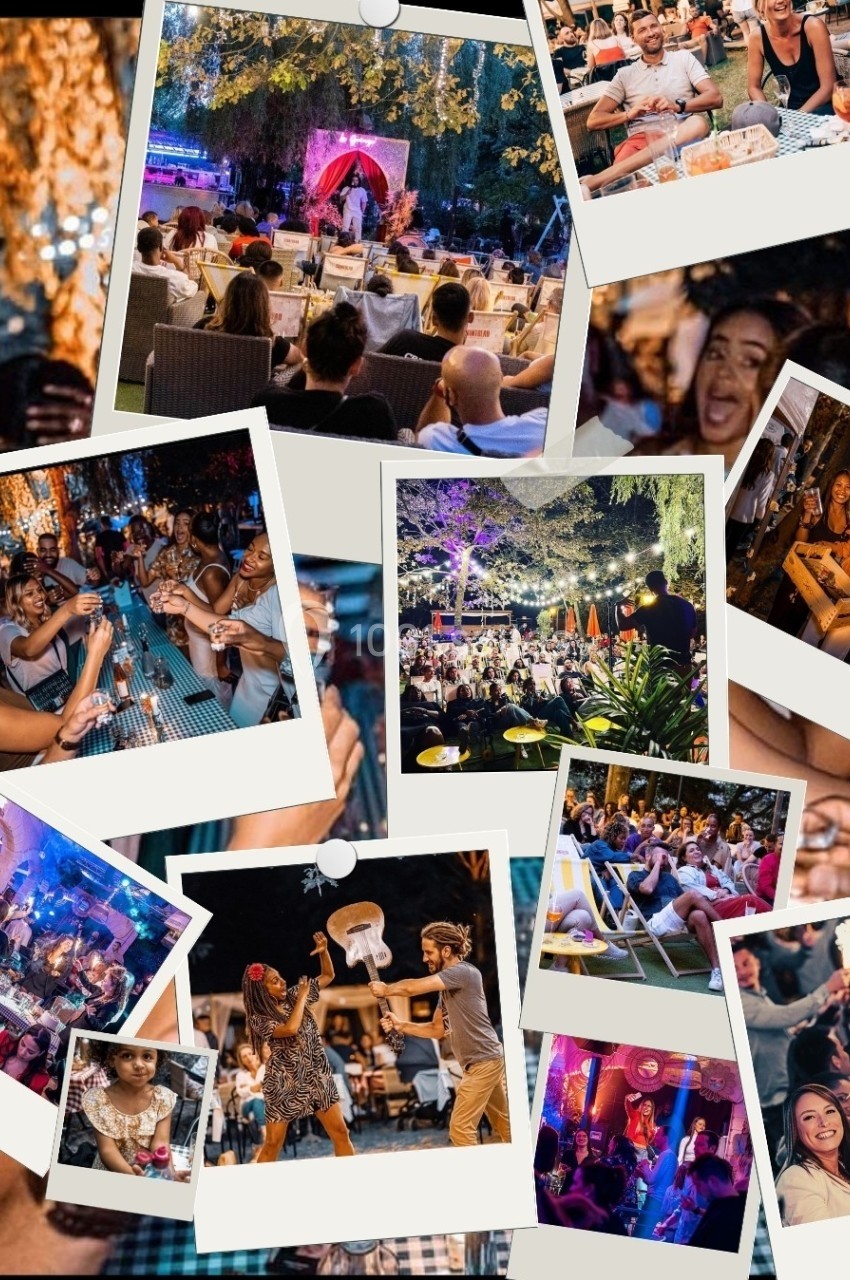 Montage de photos montrant des personnes profitant d'une ambiance festive en extérieur, avec lumières et décorations…