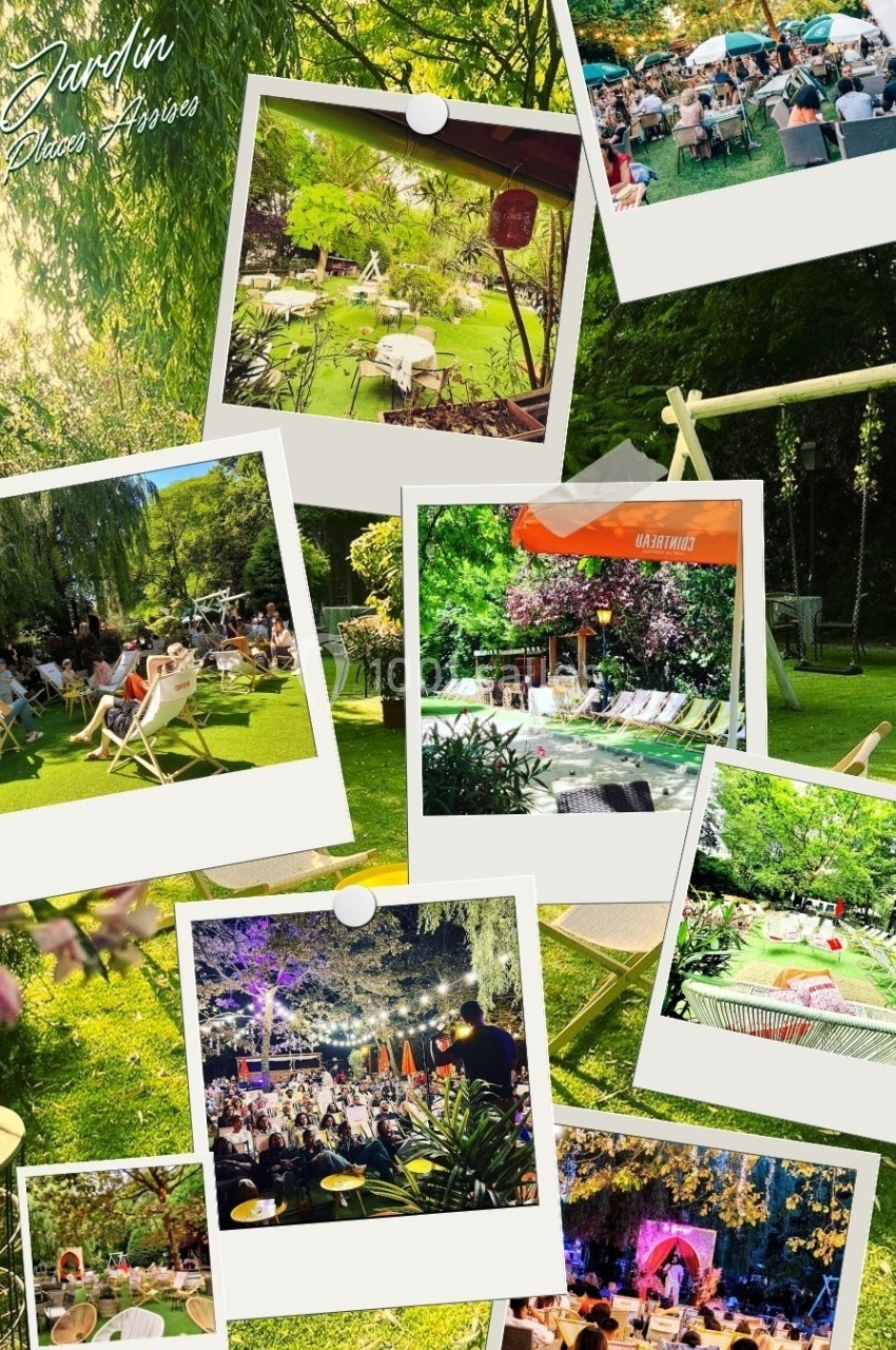 Montage de photos montrant un jardin verdoyant avec des chaises, des tables, des fleurs et des scènes d'événements en plein…