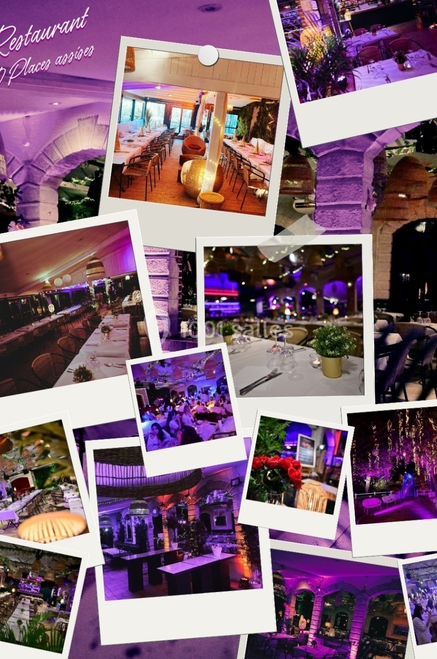 Montage de photos montrant un restaurant décoré avec éclairages violets, tables dressées et ambiance festive.