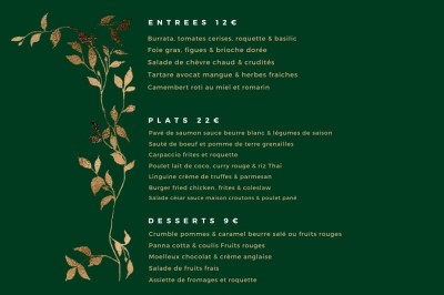 Menu d'un restaurant présentant des formules et plats à la carte avec descriptions détaillées des ingrédients.