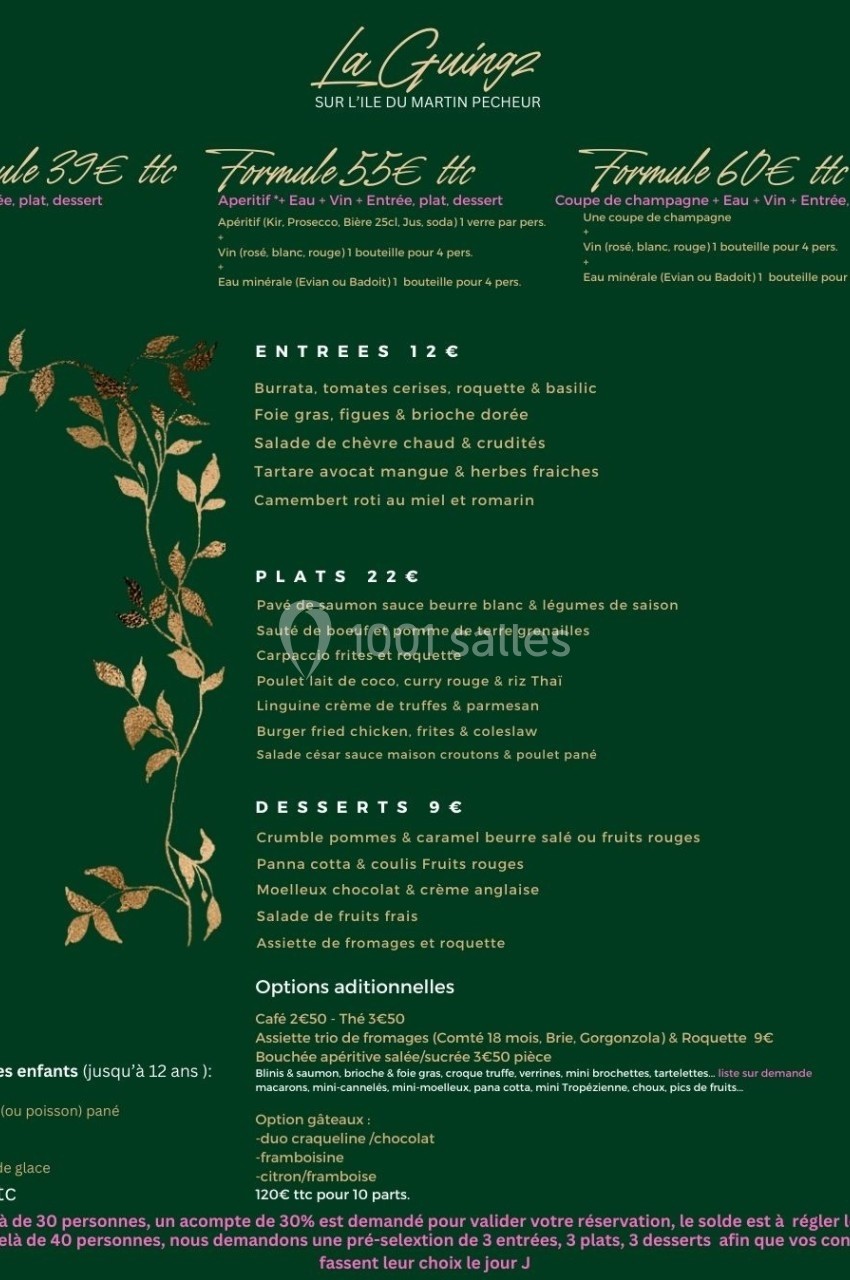 Menu d'un restaurant présentant des formules et plats à la carte avec descriptions détaillées des ingrédients.