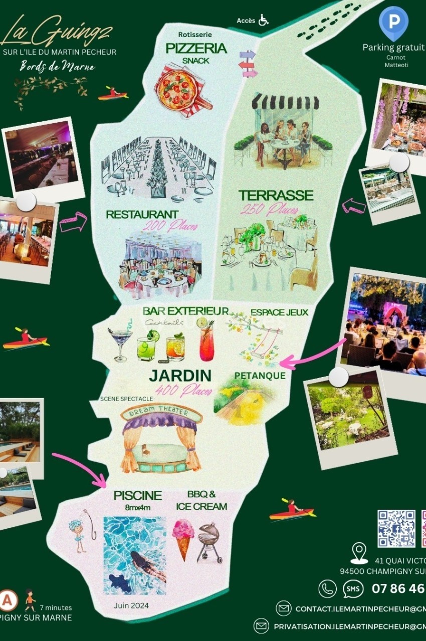 Carte illustrée de l'île du Martin Pêcheur montrant restaurants, terrasses, piscine, jardin et espaces de loisirs.