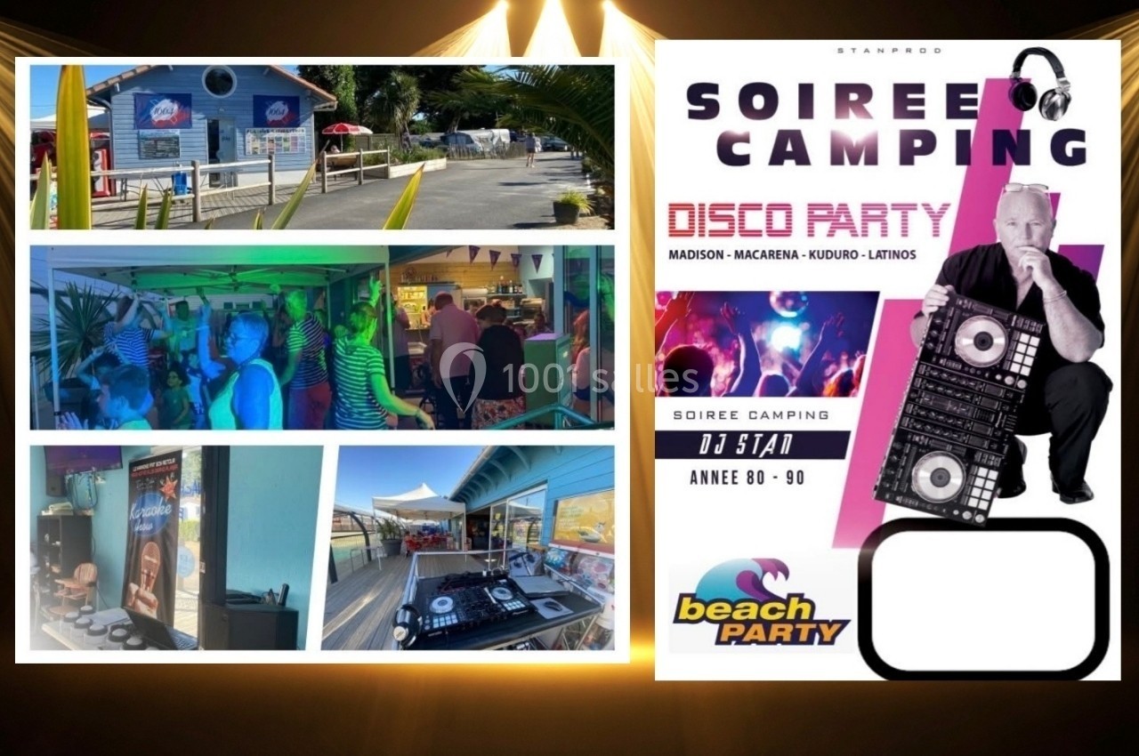 Montage d'images d'une soirée camping avec DJ, piste de danse, décor extérieur et affiche promotionnelle.