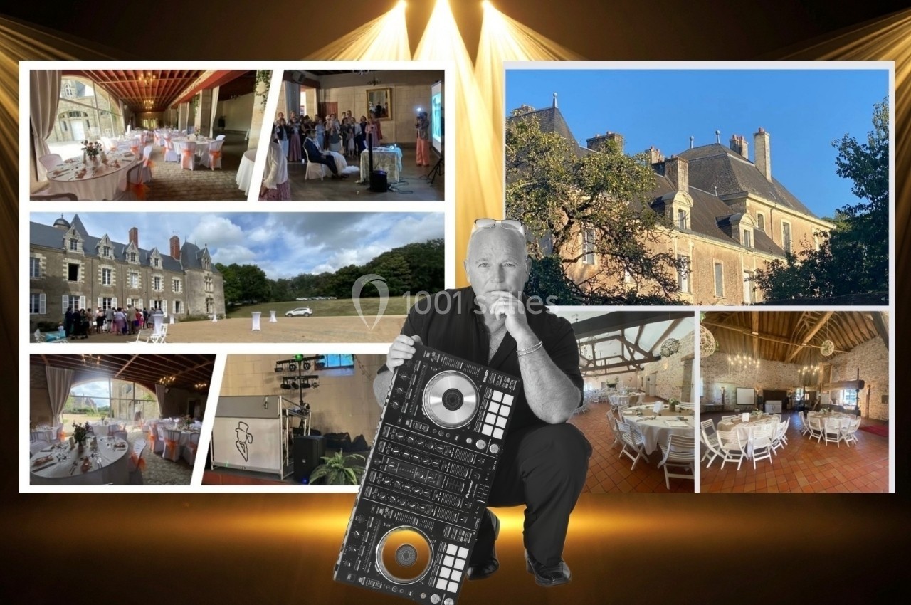 Montage photo montrant un DJ avec une console et des images d'un château, de salles décorées et d'invités lors d'un…