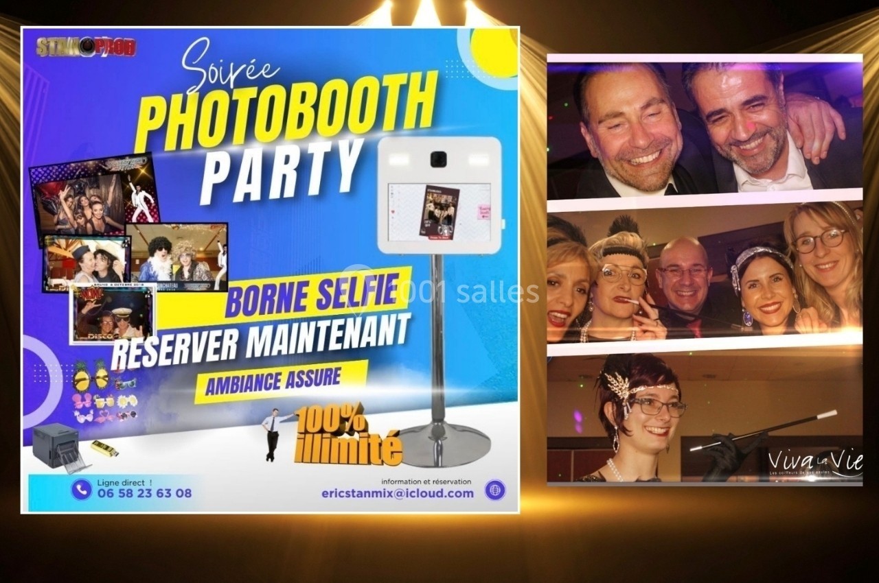 Montage avec une affiche promotionnelle pour une soirée photobooth et des photos de participants souriants lors de l…