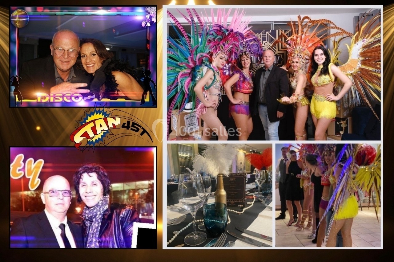 Un homme et une femme posent avec des danseuses en costumes colorés et des invités lors d'un événement festif.