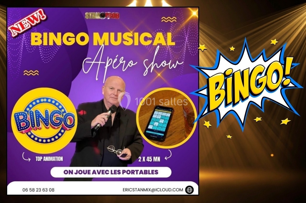 Homme tenant un micro sur scène, visuel promotionnel pour un événement de bingo musical avec téléphones portables.