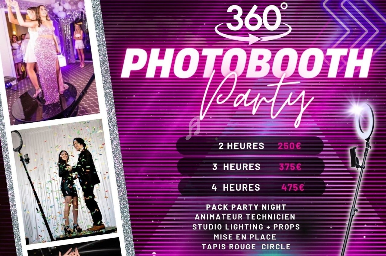 Photobooth 360° avec éclairage studio, accessoires, tapis rouge et animation pour soirées festives.