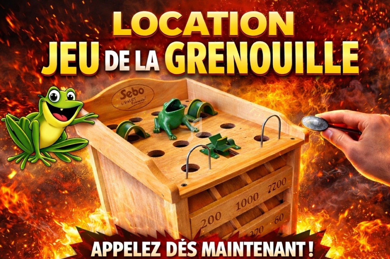 Jeu de la grenouille en bois avec trous numérotés, une main prête à lancer une pièce, fond en flammes.