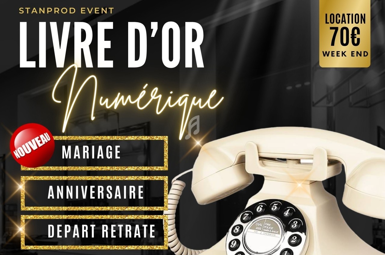 Téléphone rétro beige utilisé comme livre d'or numérique pour mariages, anniversaires et départs en retraite.