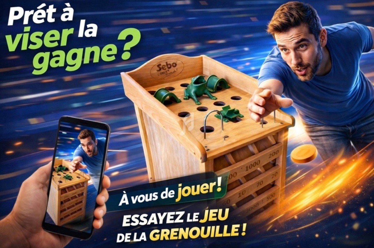 Homme jouant au jeu de la grenouille en bois, avec des palets et une version mobile affichée sur un téléphone.