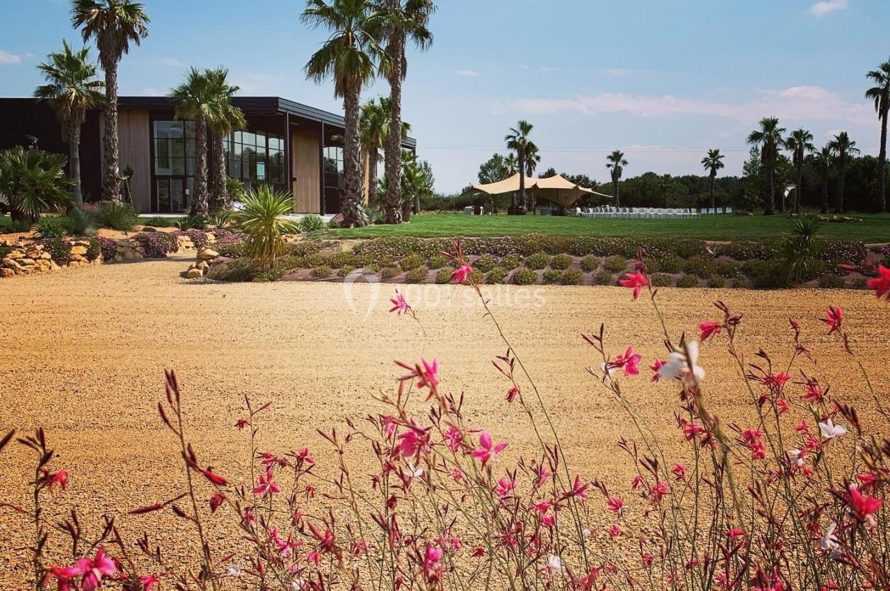 Jardin avec fleurs roses au premier plan, palmiers et bâtiment moderne en arrière-plan sous un ciel bleu.