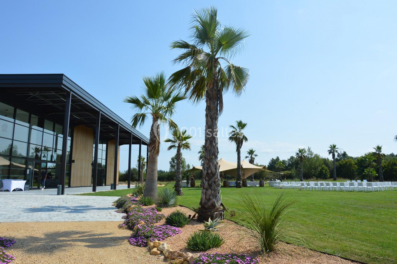 Extérieur d'un bâtiment moderne avec palmiers, pelouse bien entretenue et chaises blanches disposées en plein air.