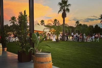 Groupe de personnes rassemblées sur une terrasse et une pelouse, entourées de végétation sous un ciel dégagé.