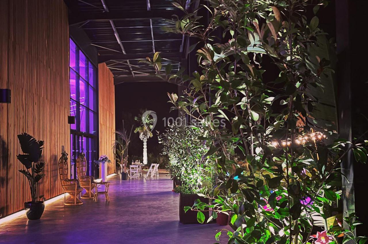 Terrasse éclairée de nuit avec des plantes en pot, des chaises en rotin et une lumière violette émanant d'une baie vitrée.