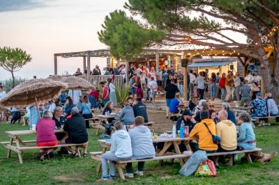 Groupe de personnes rassemblées autour de tables de pique-nique dans un espace extérieur avec des arbres et des parasols.