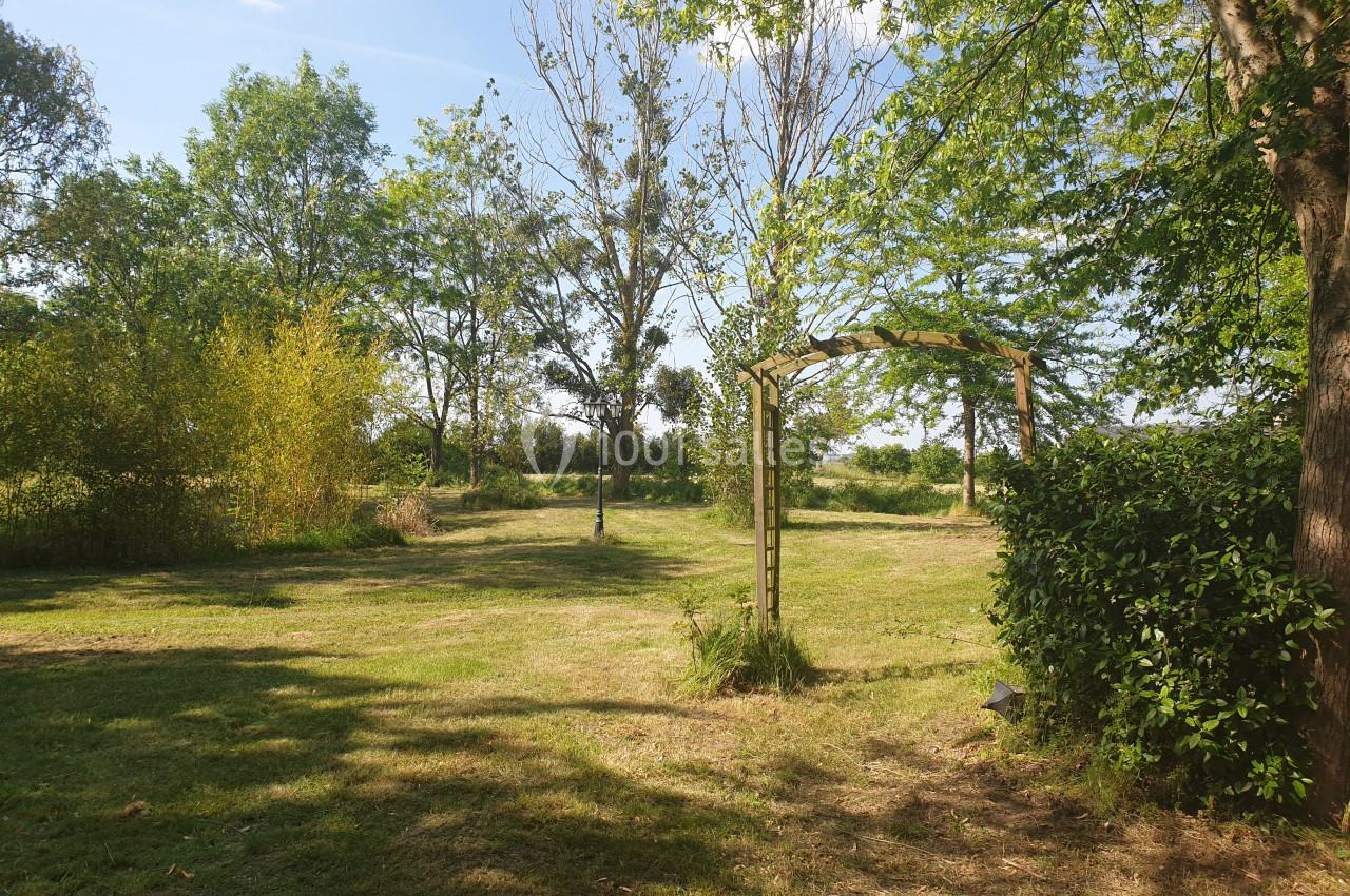 Jardin verdoyant avec pelouse, arbres et une arche en bois entourée de végétation sous un ciel dégagé.