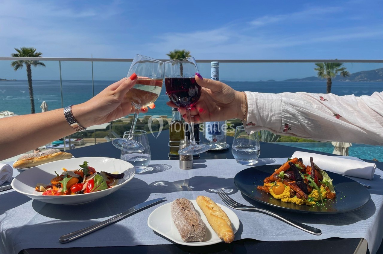 Deux personnes trinquent avec des verres de vin devant une table dressée, vue sur la mer et palmiers en arrière-plan.