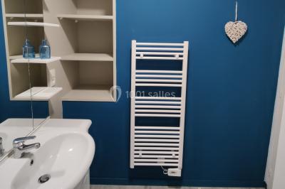 Radiateur sèche-serviettes blanc fixé sur un mur bleu, près d'un lavabo et d'étagères ouvertes.