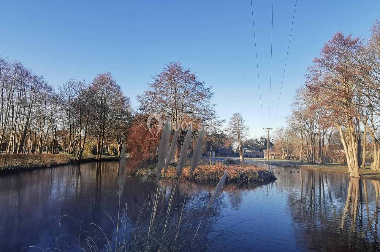 Plan d'eau entouré d'arbres aux couleurs automnales sous un ciel bleu, avec un petit pont visible au loin.