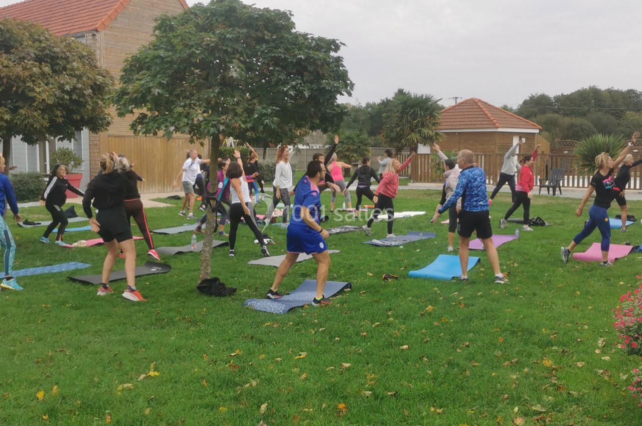 Groupe de personnes pratiquant des exercices physiques en plein air sur des tapis dans un espace vert.