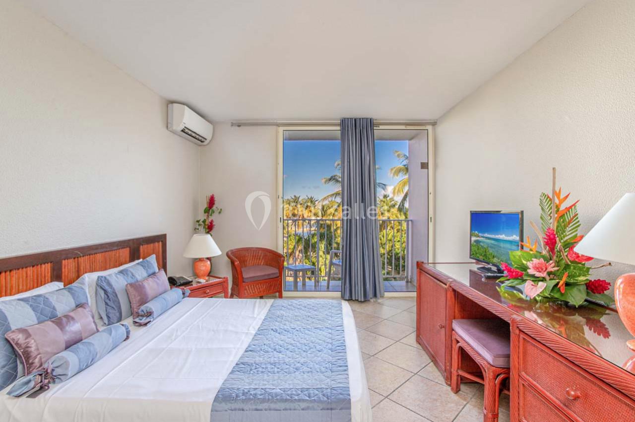 Chambre lumineuse avec lit double, mobilier en bois, télévision, et balcon offrant une vue sur des palmiers.