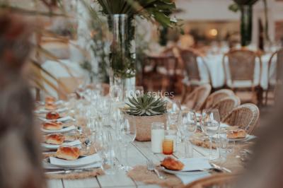 Grande table dressée en extérieur avec vaisselle, décorations florales et citrons, entourée de chaises en bois.