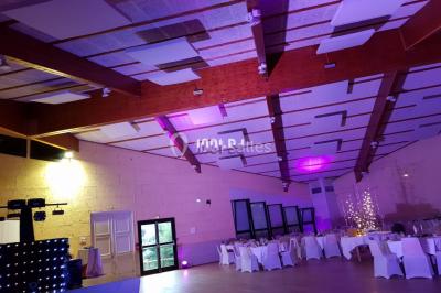 Un DJ mixe derrière une table éclairée de lumières LED violettes, avec un mur décoratif en arrière-plan.