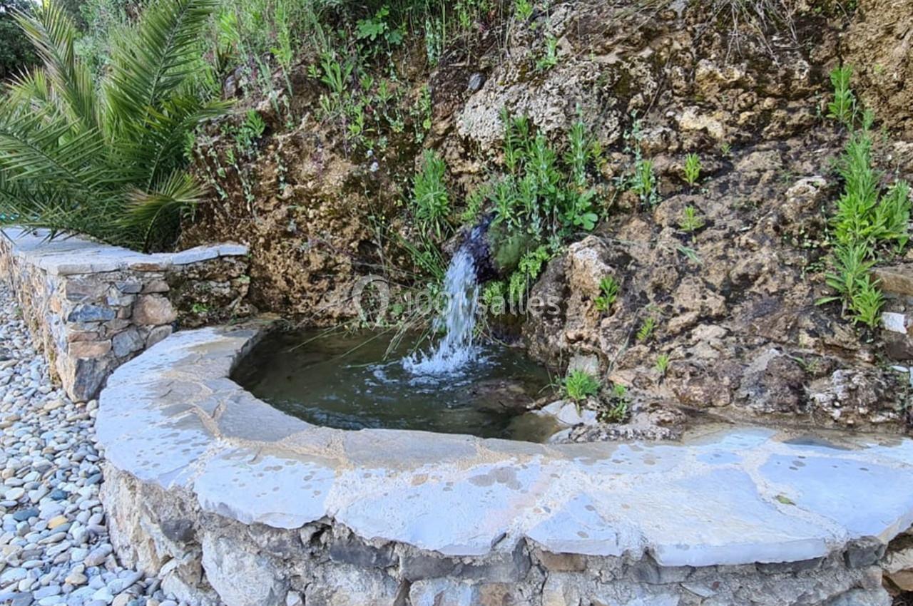 Petit bassin en pierre alimenté par une source naturelle, entouré de végétation et de galets.