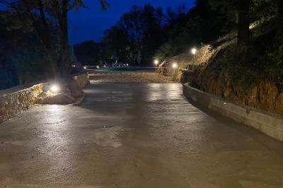 Allée en béton fraîchement coulée, éclairée par des lampadaires, entourée d'arbres et de végétation la nuit.