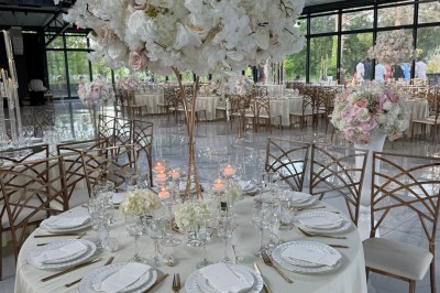 Montage de photos d'un mariage avec des invités, décorations, voitures, buffet et espaces extérieurs verdoyants.